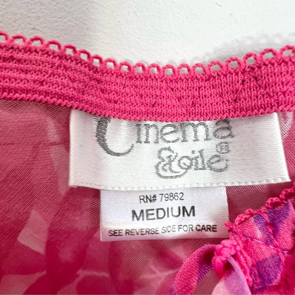 Vintage 90s pink purple leaf print chiffon lace up bustier chemise nighty M - Picture 16 of 17